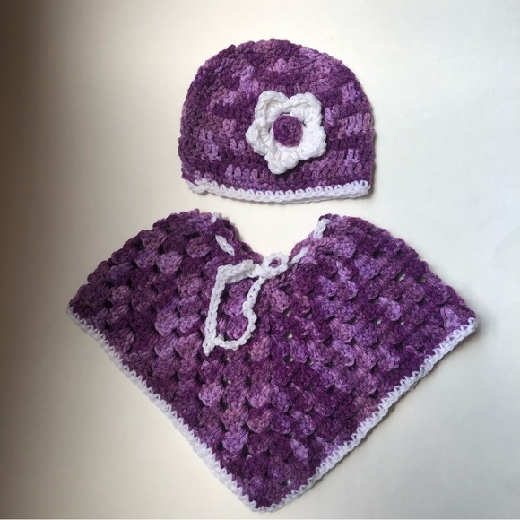 Baby Poncho and Hat Set Shades of Purple Size 6-12M Ready To ship - Picture 2 of 5